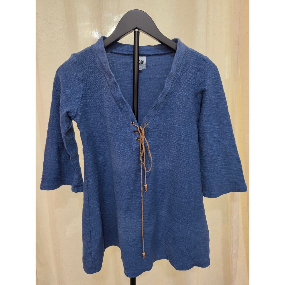 NOM Blue Textured Knit Lace Up V-Neck Tunic Top with Bead Detail Size S